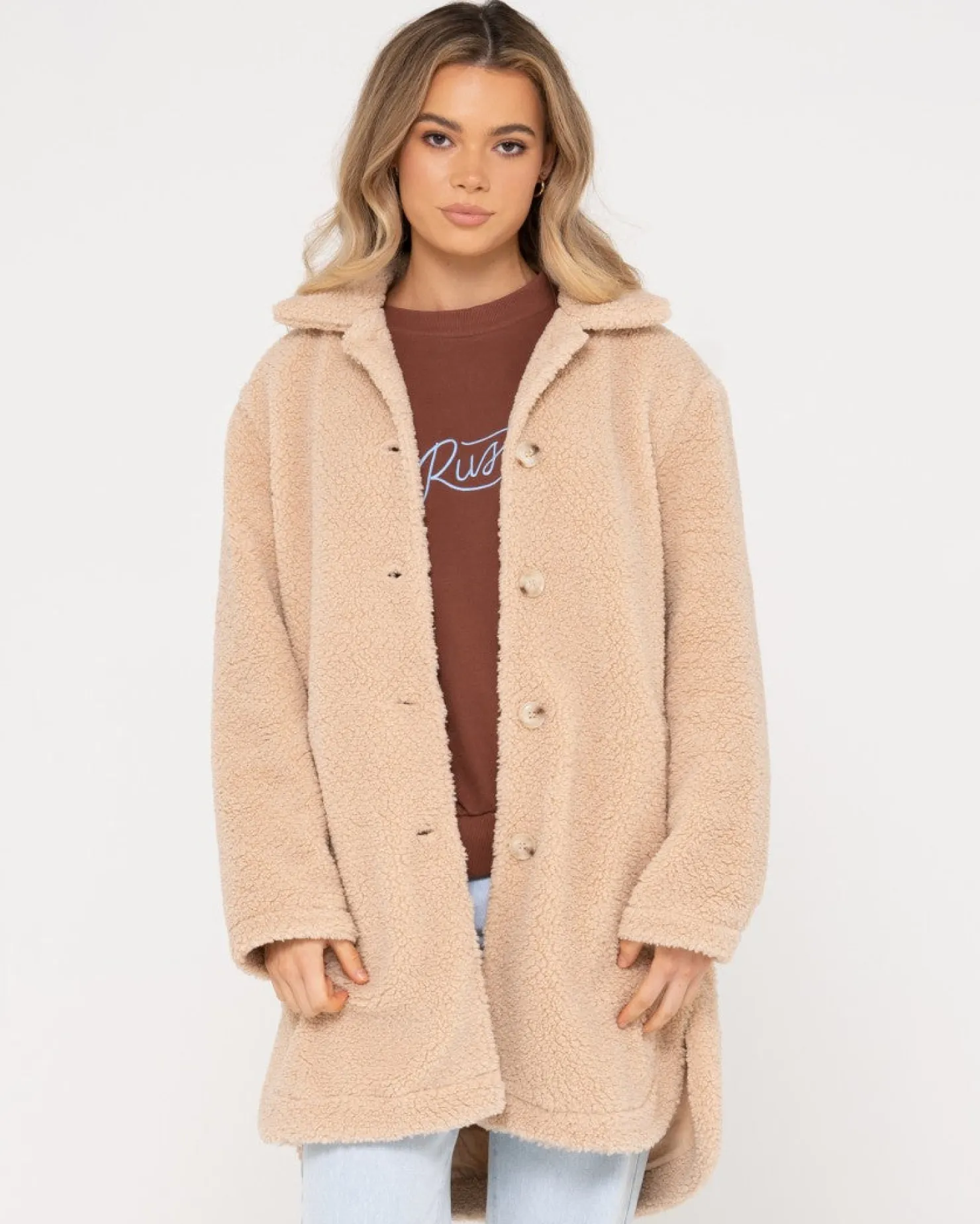 Womens Rusty Penelope Long Relaxed Fit Sherpa Coat