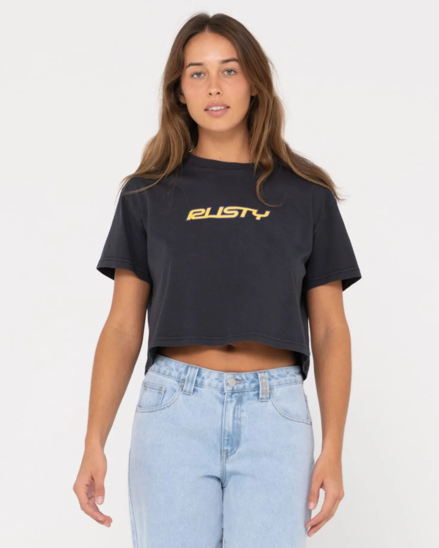 Womens Rusty Rider Relaxed Fit Graphic Crop Tee