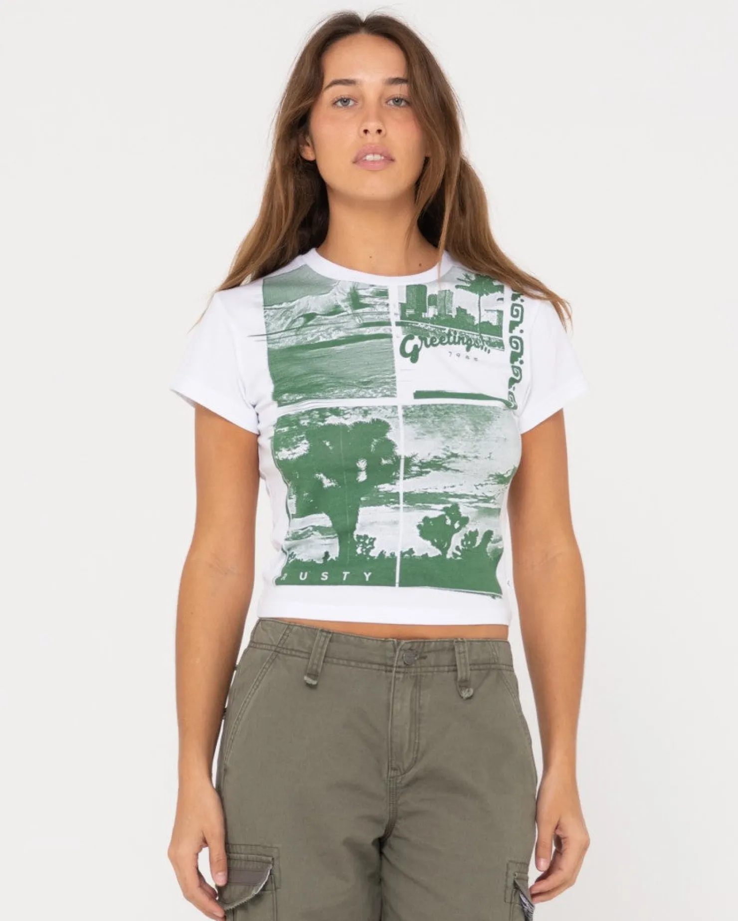 Womens Rusty Greetings Skimmer Graphic Baby Tee