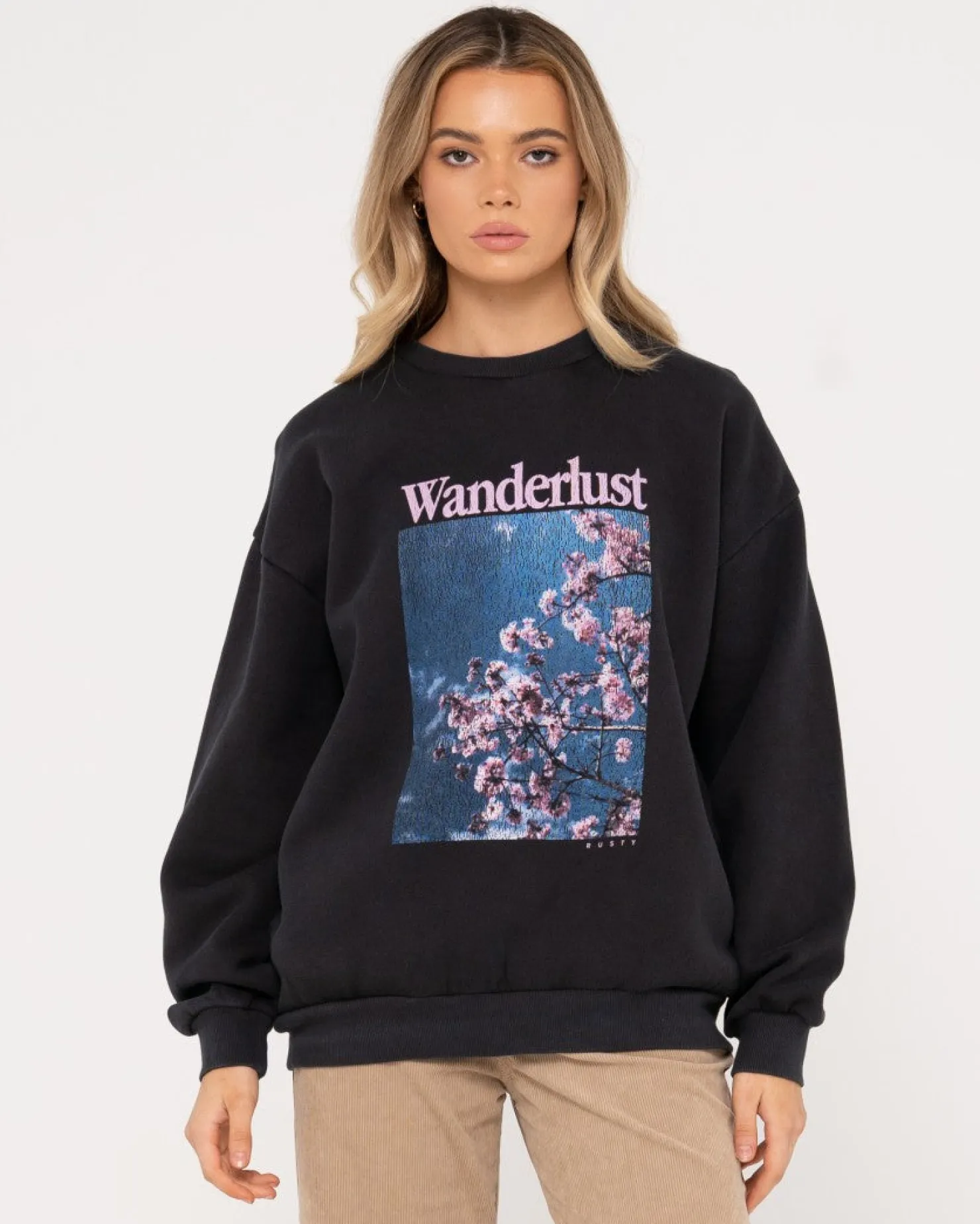 Womens Rusty Wanderlust Oversize Graphic Crew Fleece