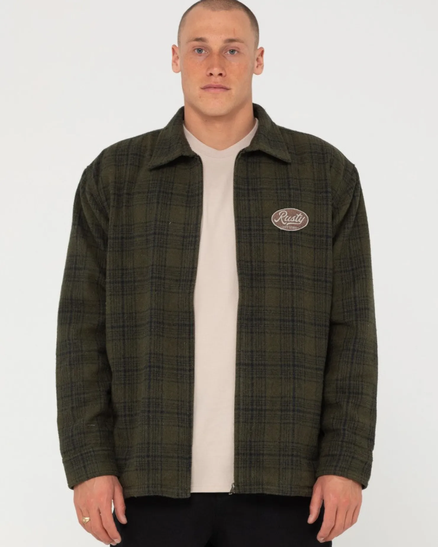 Mens Rusty Woodchuck Woven Plaid Zip Up Jacket